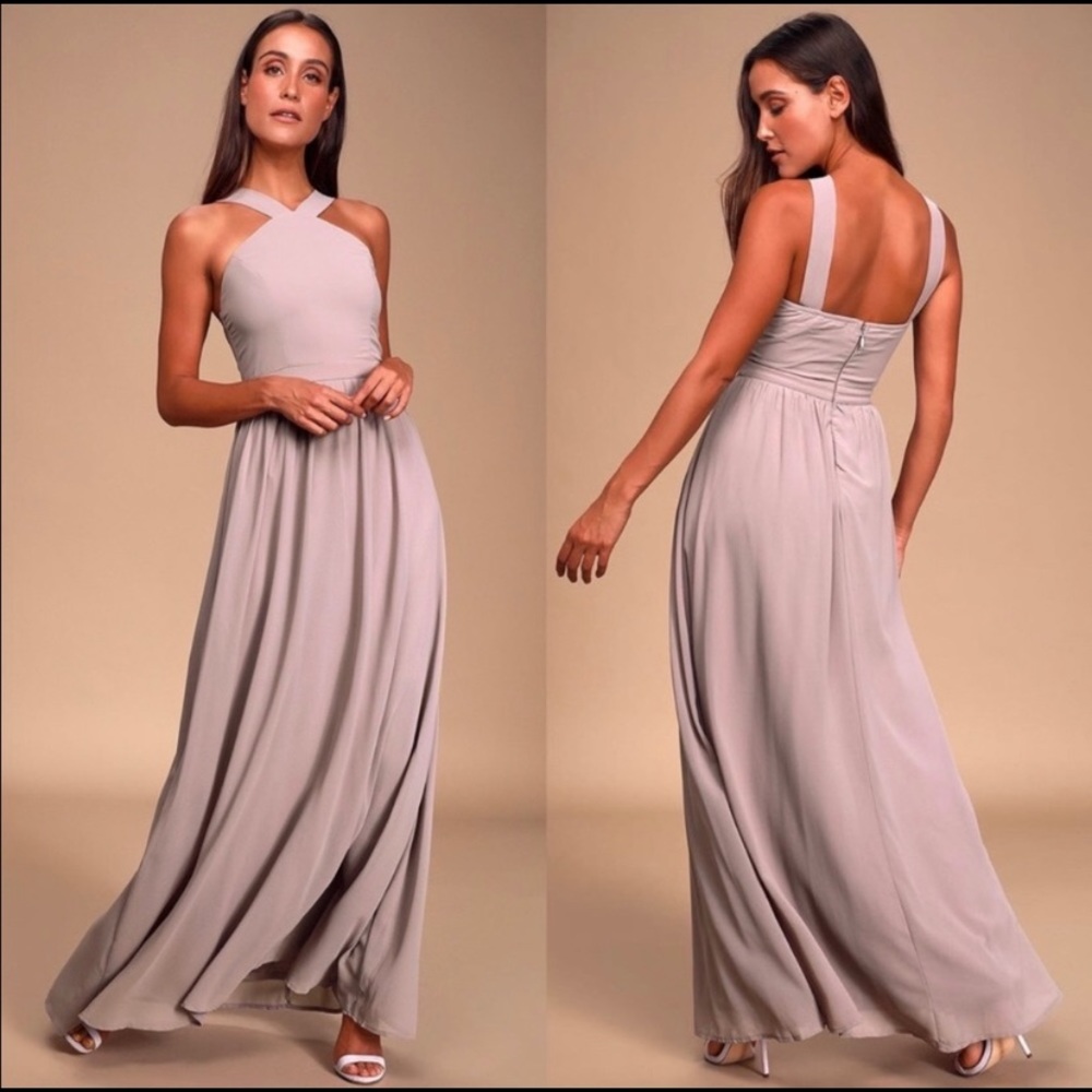 Lulu's Air of Romance Taupe Maxi Dress Medium